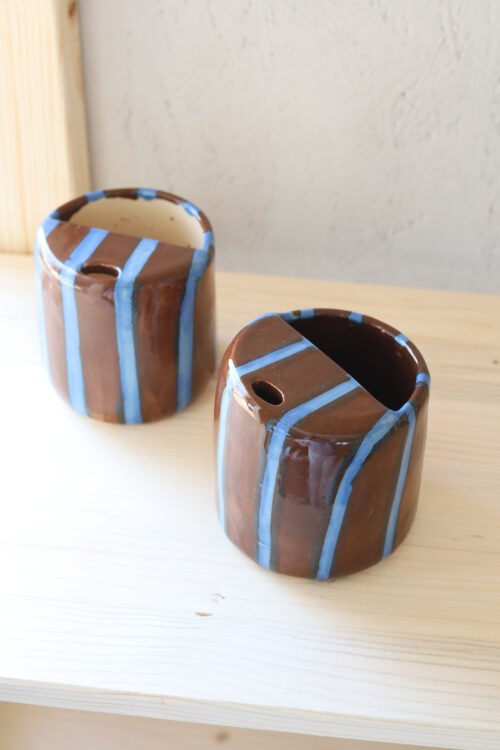 brown blue striped to go mug